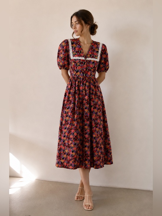 Vintage Dresses & Skirts - Vintage Jessica Floral Midi Dress Peter Pan Lace Collar Tie Waist Prairie Dress